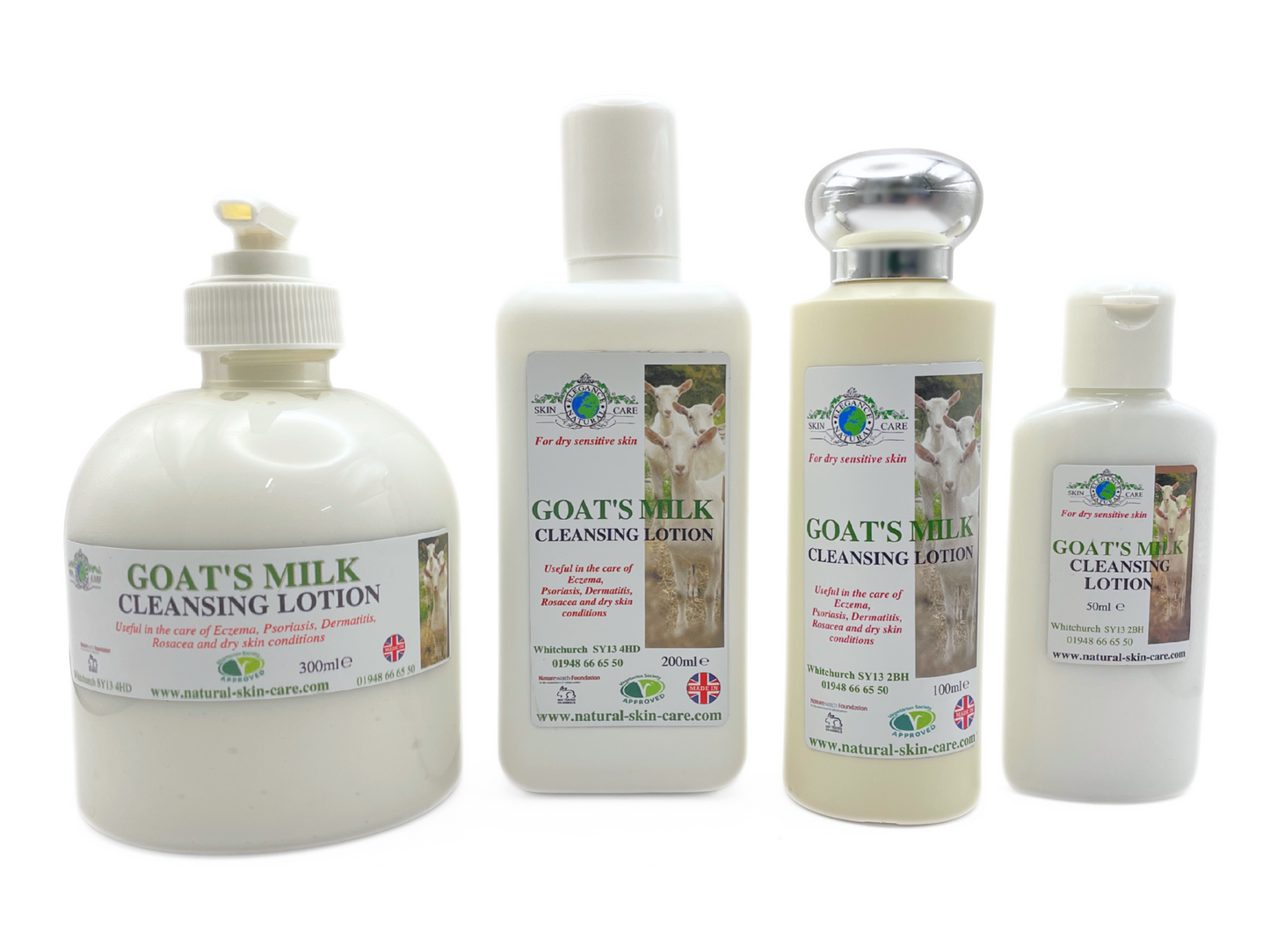 Four bottles of goat's milk cleansing lotion on a white background