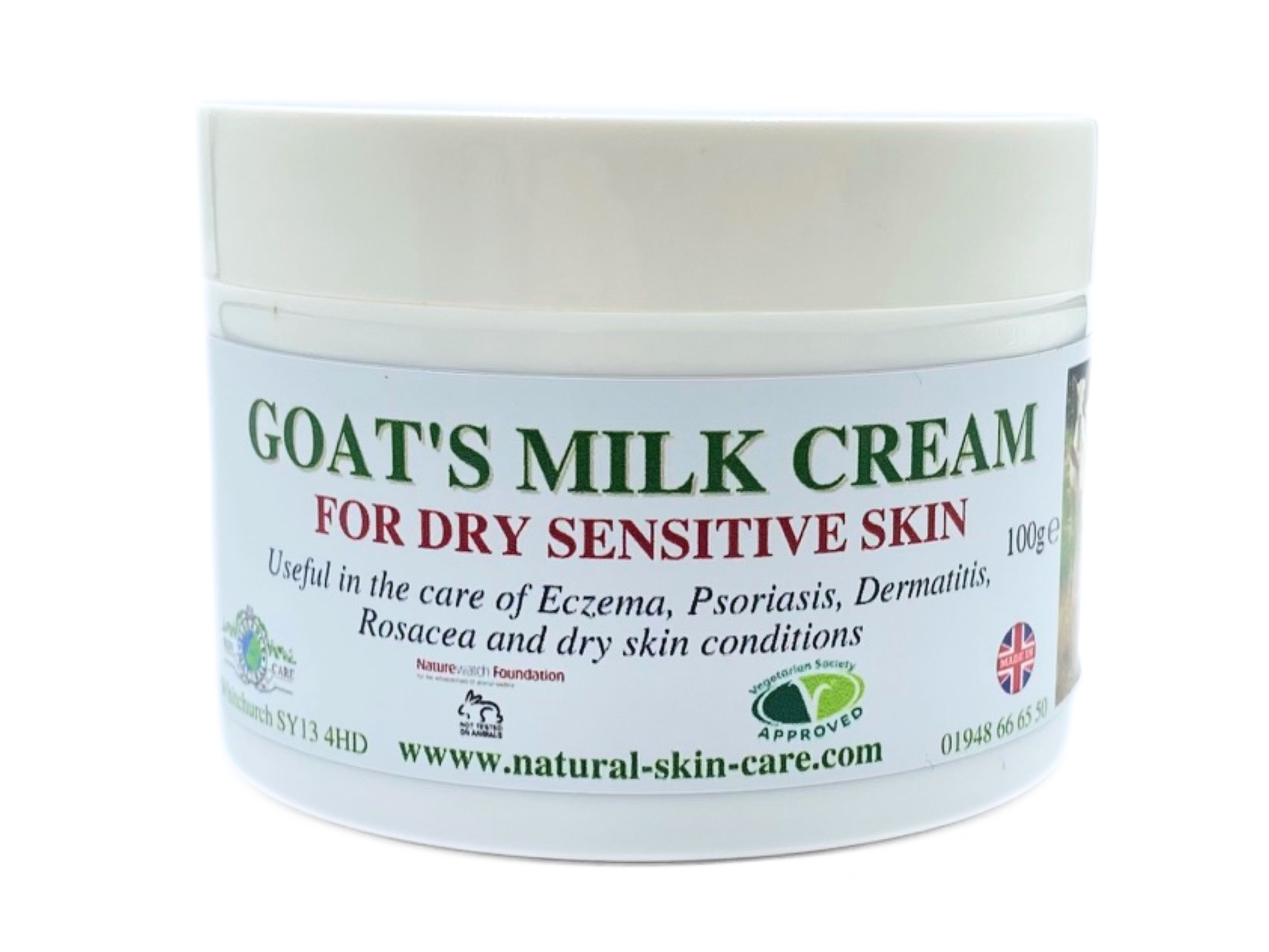 Jar of goat's milk cream for dry sensitive skin on a white background