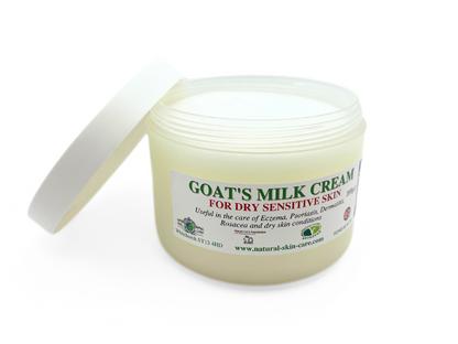 Goats Milk Cream Jar 200g Open useful in the care of Eczema Psoriasis Dermatisis Rosacea and dry skin conditions